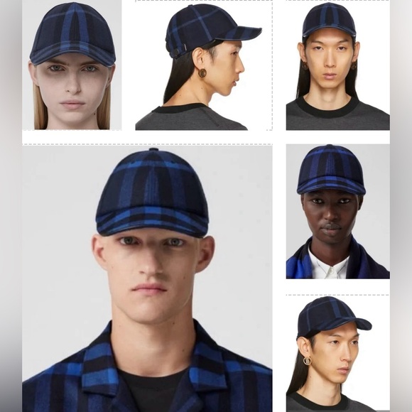 BURBERRY CASHMERE NAVY SIGNATURE CHECKERED PATTERN UNISEX BASEBALL CAP - Picture 15 of 16
